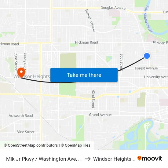 Mlk Jr Pkwy / Washington Ave, Dsm to Windsor Heights, IA map