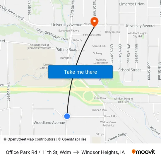 Office Park Rd / 11th St, Wdm to Windsor Heights, IA map