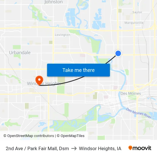 2nd Ave / Park Fair Mall, Dsm to Windsor Heights, IA map