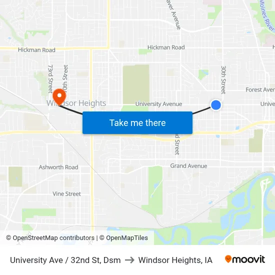 University Ave / 32nd St, Dsm to Windsor Heights, IA map