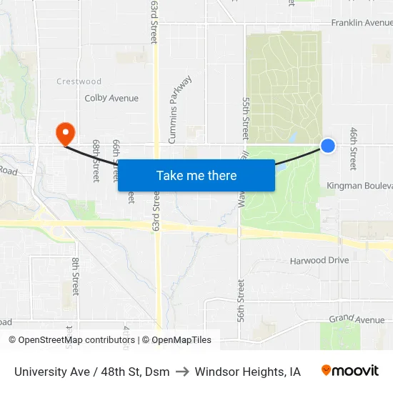 University Ave / 48th St, Dsm to Windsor Heights, IA map