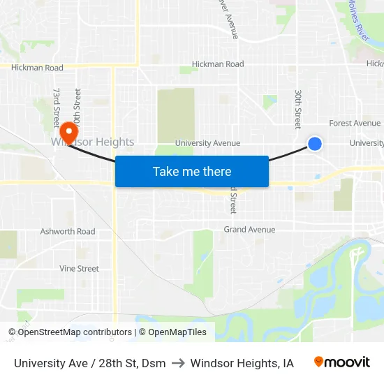 University Ave / 28th St, Dsm to Windsor Heights, IA map