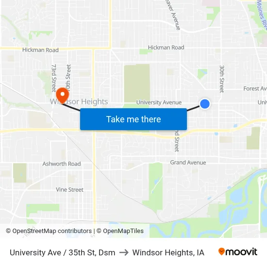 University Ave / 35th St, Dsm to Windsor Heights, IA map