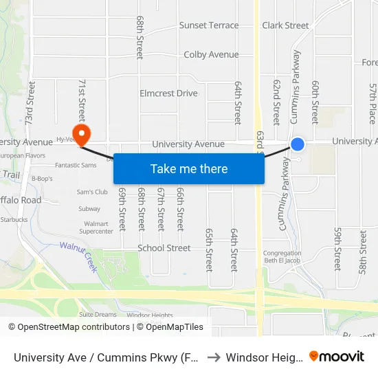 University Ave / Cummins Pkwy (Far-Side), Dsm to Windsor Heights, IA map