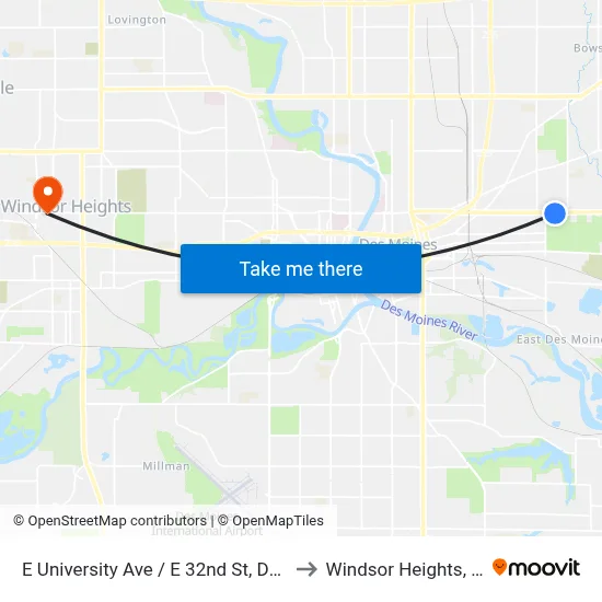 E University Ave / E 32nd St, Dsm to Windsor Heights, IA map
