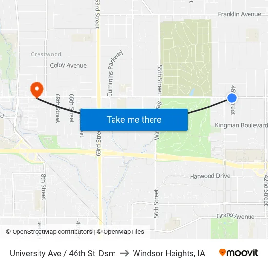 University Ave / 46th St, Dsm to Windsor Heights, IA map