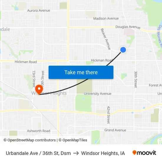 Urbandale Ave / 36th St, Dsm to Windsor Heights, IA map
