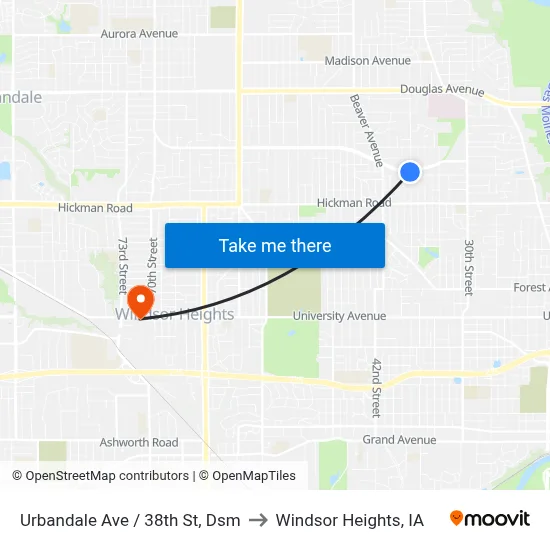 Urbandale Ave / 38th St, Dsm to Windsor Heights, IA map