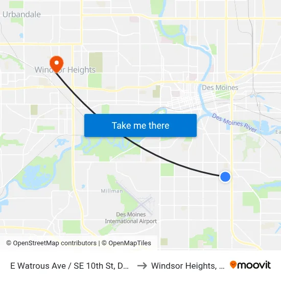 E Watrous Ave / SE 10th St, Dsm to Windsor Heights, IA map
