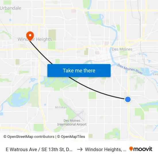 E Watrous Ave / SE 13th St, Dsm to Windsor Heights, IA map