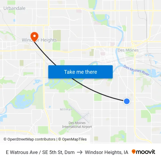 E Watrous Ave / SE 5th St, Dsm to Windsor Heights, IA map