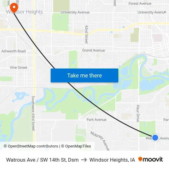 Watrous Ave / SW 14th St, Dsm to Windsor Heights, IA map