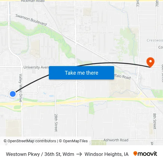 Westown Pkwy / 36th St, Wdm to Windsor Heights, IA map