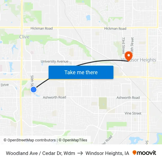 Woodland Ave / Cedar Dr, Wdm to Windsor Heights, IA map
