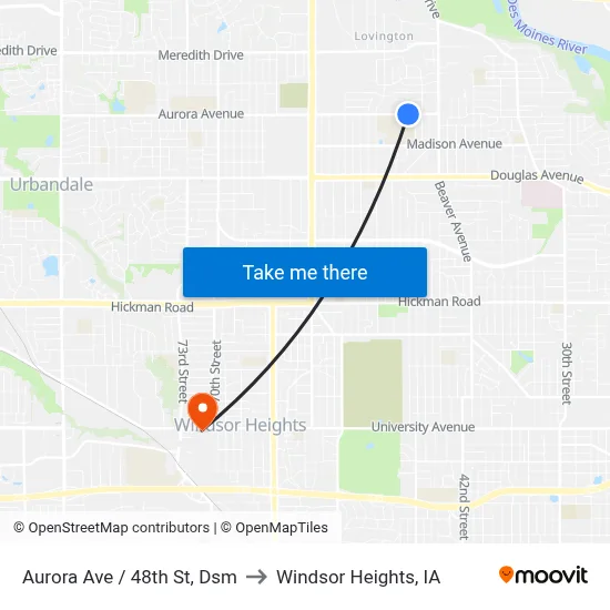 Aurora Ave / 48th St, Dsm to Windsor Heights, IA map