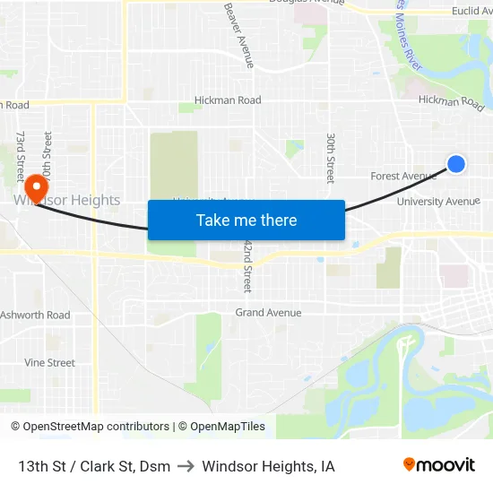 13th St / Clark St, Dsm to Windsor Heights, IA map