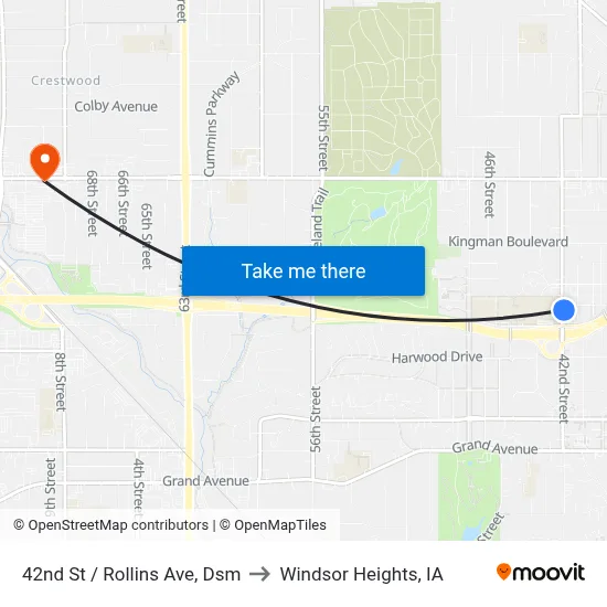 42nd St / Rollins Ave, Dsm to Windsor Heights, IA map