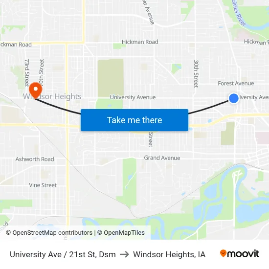 University Ave / 21st St, Dsm to Windsor Heights, IA map