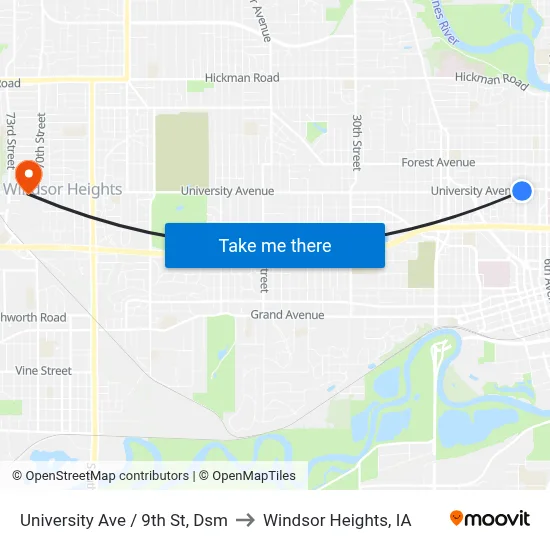 University Ave / 9th St, Dsm to Windsor Heights, IA map