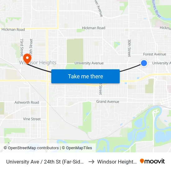 University Ave / 24th St (Far-Side), Dsm to Windsor Heights, IA map
