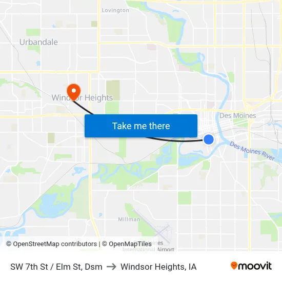 SW 7th St / Elm St, Dsm to Windsor Heights, IA map