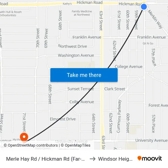 Merle Hay Rd / Hickman Rd (Far-Side), Dsm to Windsor Heights, IA map