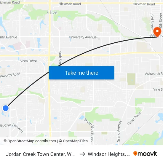 Jordan Creek Town Center, Wdm to Windsor Heights, IA map
