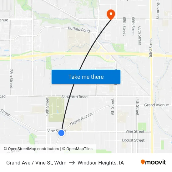 Grand Ave / Vine St, Wdm to Windsor Heights, IA map