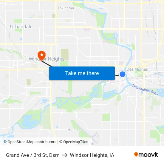 Grand Ave / 3rd St, Dsm to Windsor Heights, IA map