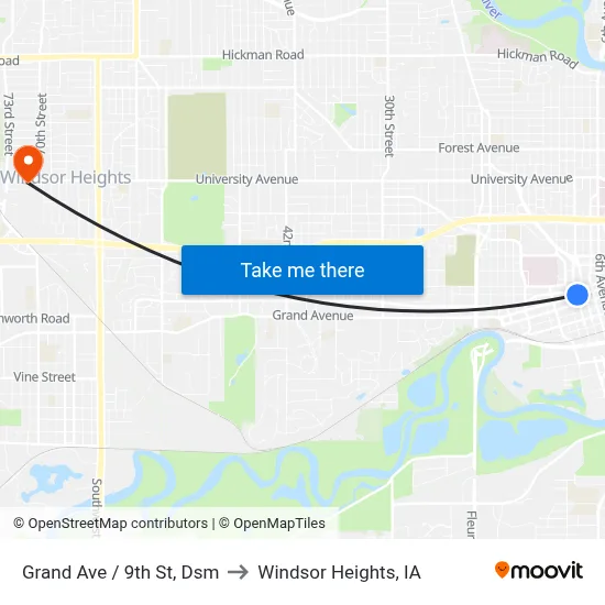 Grand Ave / 9th St, Dsm to Windsor Heights, IA map