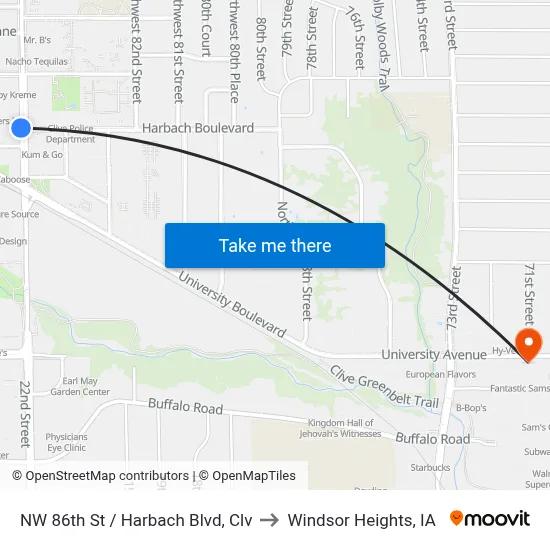 NW 86th St / Harbach Blvd, Clv to Windsor Heights, IA map