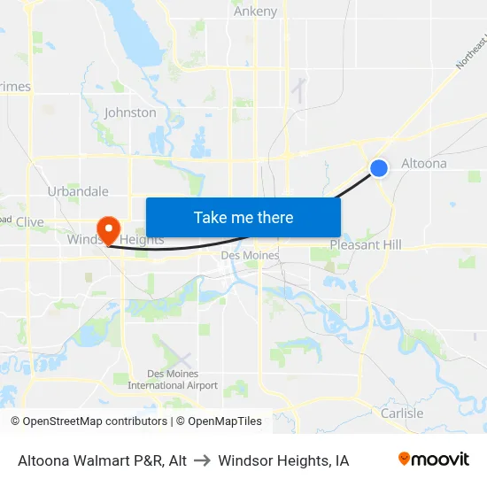 Altoona Walmart P&R, Alt to Windsor Heights, IA map