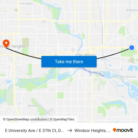 E University Ave / E 37th Ct, Dsm to Windsor Heights, IA map