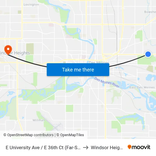 E University Ave / E 36th Ct (Far-Side), Dsm to Windsor Heights, IA map