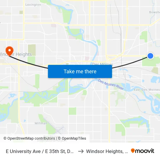 E University Ave / E 35th St, Dsm to Windsor Heights, IA map