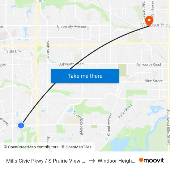 Mills Civic Pkwy / S Prairie View Dr, Wdm to Windsor Heights, IA map