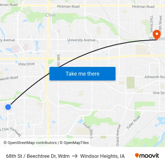 68th St / Beechtree Dr, Wdm to Windsor Heights, IA map