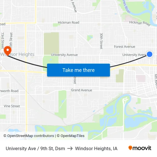 University Ave / 9th St, Dsm to Windsor Heights, IA map