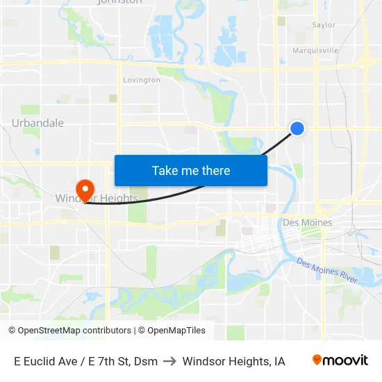E Euclid Ave / E 7th St, Dsm to Windsor Heights, IA map
