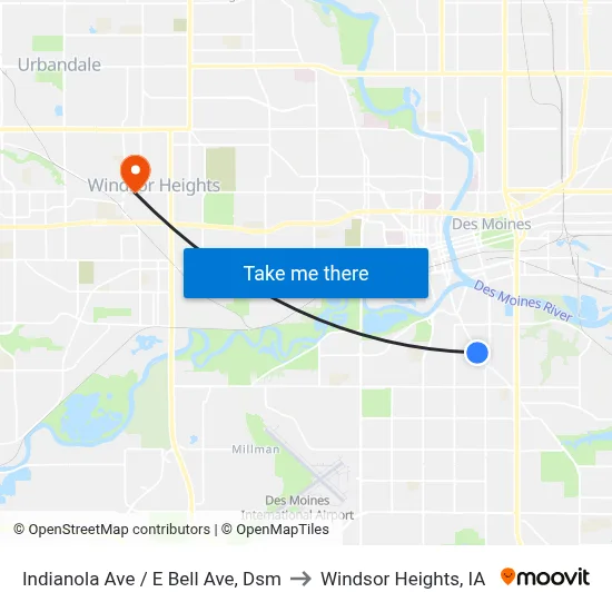 Indianola Ave / E Bell Ave, Dsm to Windsor Heights, IA map