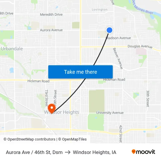 Aurora Ave / 46th St, Dsm to Windsor Heights, IA map