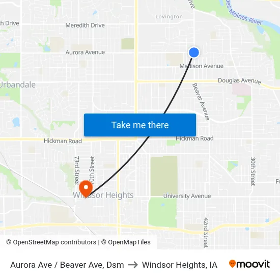 Aurora Ave / Beaver Ave, Dsm to Windsor Heights, IA map