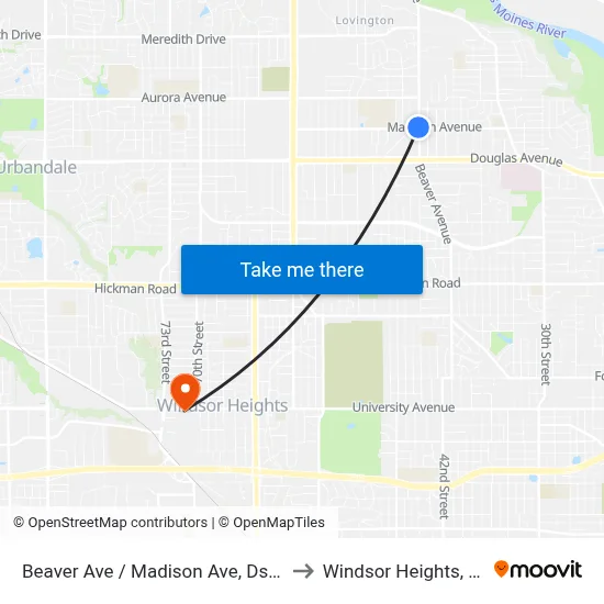 Beaver Ave / Madison Ave, Dsm to Windsor Heights, IA map