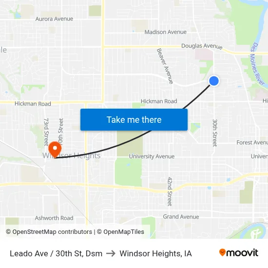 Leado Ave / 30th St, Dsm to Windsor Heights, IA map