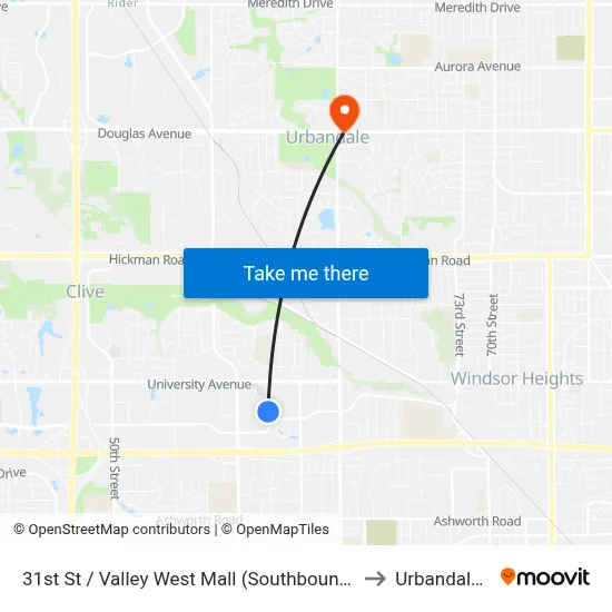 31st St / Valley West Mall (Southbound), Wdm to Urbandale, IA map