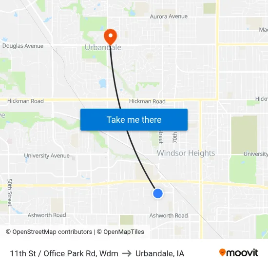 11th St / Office Park Rd, Wdm to Urbandale, IA map