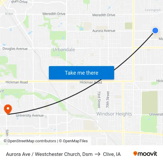 Aurora Ave / Westchester Church, Dsm to Clive, IA map