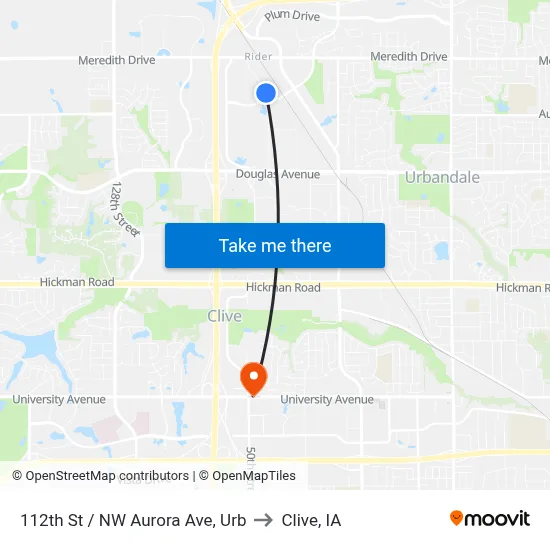 112th St / NW Aurora Ave, Urb to Clive, IA map