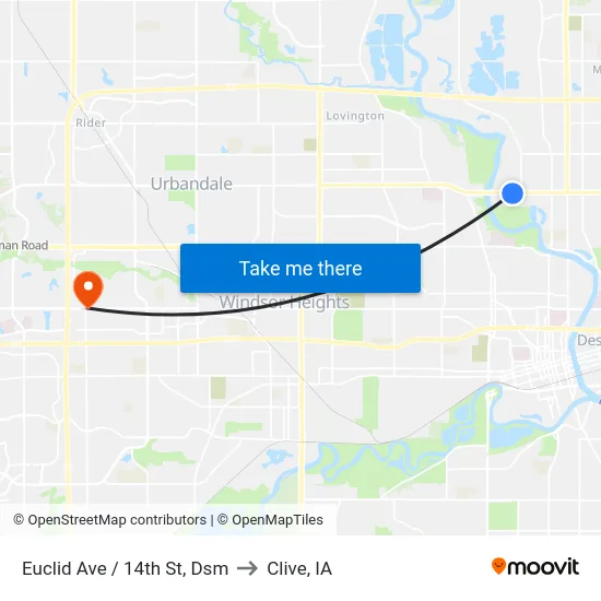 Euclid Ave / 14th St, Dsm to Clive, IA map