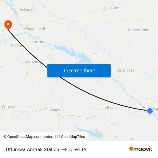 Ottumwa Amtrak Station to Clive, IA map